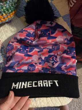 Minecraft Pink & Blue Pom-Top Beanie with Black Cuff 15+ Teen/Adult